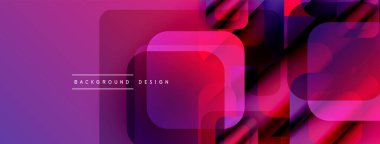 Soyut geometrik bileşim. Üst üste binen kareler dinamik mor, pembe gradyan etkisi yaratır. Modern arkaplan tasarımı ögesi.