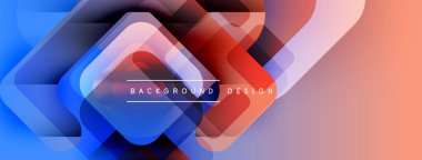 Soyut geometrik tasarım. Üst üste binen kareler dinamik değişim etkisi yaratır. Mavi, kırmızı, turuncu renkler kompozisyona hakim. Modern biçim.