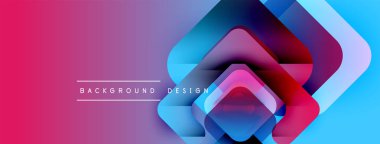 Soyut gradyan arkaplan özellikleri çakışan kareler. Canlı pembe, mavi renkler modern görsel efektler yaratır. Tasarım metin ögelerini içerir.