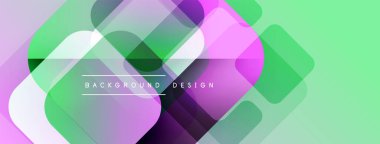 Soyut geometrik şekiller örtüşür, canlı katmanlı bir etki yaratır. Açık yeşil arka plan mor, beyaz renkleri tamamlar. Modern tasarım ögesi.