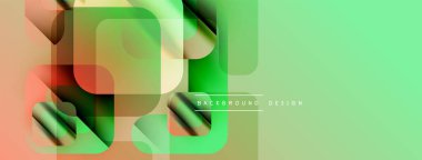 Soyut geometrik şekiller örtüşüyor, canlı yeşil, turuncu gradyanlar yaratıyor. Metin elementli minimalist tasarım. Modern estetik.