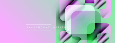 Soyut geometrik arkaplan. Üst üste binen kareler canlı renk eğimleri yaratır, mor, yeşil renkler dizaynın baskın renkleri. Modern estetik.