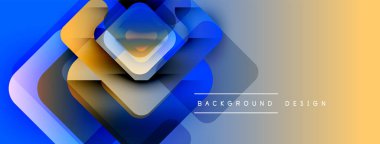 Soyut geometrik şekiller örtüşüyor, parlak mavi, turuncu bir eğim yaratıyor. Arkaplan ve sunumlar için modern tasarım ögesi.