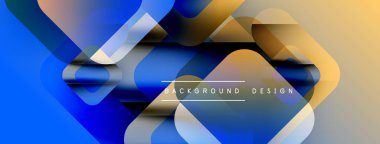 Soyut geometrik şekiller örtüşüyor, dinamik mavi, altın renkleri yaratıyor. Modern tasarım elementleri teknoloji ve yenilik öneriyor.
