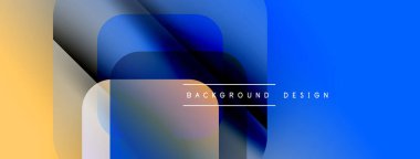 Soyut şekiller örtüşüyor, canlı renk değişimleri yaratıyor. Mavi, sarı renkler tasarıma egemen, modern estetik. Minimalist metin mevcut.