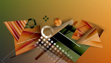 Soyut kompozisyon. Geometrik şekiller örtüşür, dinamik görsel efekt yaratır. Sıcak renkler hafif eğimlerle baskın gelir. Modern tasarım.