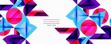 Soyut geometrik şekiller, canlı renkler, modern tasarım. Beyaz arkaplan karşıtlık sağlar, dinamik görsel efekt yaratır.