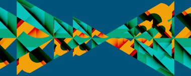Soyut geometrik desen. Üçgenler, turuncu, deniz mavisi renkleri simetrik tasarım yaratır. Kalın renkler, modern estetik. Minimalist kompozisyon.