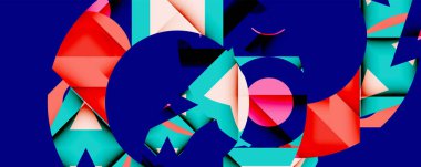 Soyut geometrik şekiller, canlı renkler, dinamik bileşim. Mavi egemen, pembe, mavi, beyaz formlarla aksanlı. Modern tasarım.