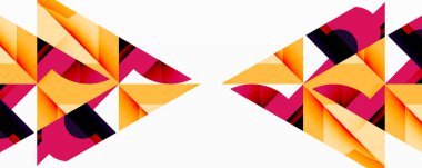 Soyut geometrik şekiller, canlı renkler, pembeler, sarılar, siyahlar. Modern tasarım, simetrik desenler, mevcut gradyan etkiler.