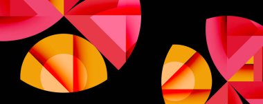 Soyut geometrik şekiller, canlı kırmızılar, portakallar kompozisyona hakim. Üst üste binen formlar dinamik görsel ilgi yaratır. Minimalist stil.