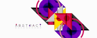 Canlı geometrik şekiller örtüşür, dinamik soyut bileşim yaratır. Mor, kırmızı, sarı renkler beyaz alana hakim. Modern tasarım ögesi.