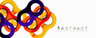 Canlı döngü şekilleri dinamik soyut bileşim oluşturur. Sarı, mor, siyah renkler beyaz alana hakim. Modern tasarım ögesi.