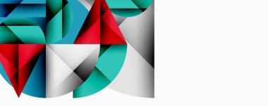 Soyut geometrik şekiller örtüşür, dinamik bileşim yaratır. Teal, kırmızı, gri tonlar tasarımda baskın. Minimalist estetik.