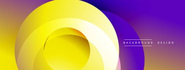 Soyut gradyan katmanlar dairesel şekiller oluşturur. Canlı sarı baskın, mora dönüşüyor. Arka planlar için modern tasarım ögesi.