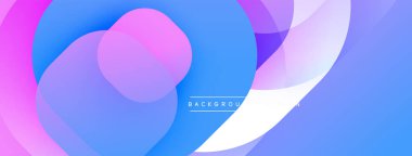 Soyut sıvı şekilleri örtüşür, parlak mavi, pembe ve mor renkler yaratır. Modern tasarım dinamik enerji ve pürüzsüz geçişler öneriyor.