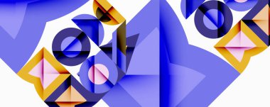 Soyut geometrik bileşim. Şekiller çakışıyor, dinamik görsel etki yaratıyor. Mavi, altın, pembe renkler dizaynın hakimi. Modern, minimalist estetik.