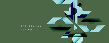 Soyut geometrik tasarım katmanlı şekiller içerir. Mavi, deniz mavisi, koyu tonlar, sessiz zeytin arkaplanı ile tezat oluşturuyor. Modern estetik, dinamik kompozisyon.