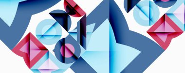 Soyut geometrik bileşim. Üst üste binen şekiller dinamik görsel doku yaratır. Mavi, kırmızı, açık mavi renkler tasarımda baskın. Minimalist estetik, modern his.