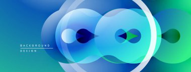 Soyut sıvı şekilleri, canlı maviler, yeşiller dinamik bileşim oluşturur. Modern tasarım, pürüzsüz eğimler görsel ilgi sunar.