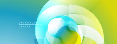 Soyut tasarım katmanlı şeffaf daireler. Renkler mavi, yeşil ve sarıdan harmanlanarak canlı bir değişim etkisi yaratır. Modern, temiz estetik.