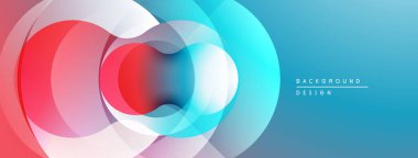 Soyut daireler örtüşüyor, canlı renk eğimleri yaratıyor. Mavi, kırmızı, beyaz renkler kusursuz bir şekilde harmanlanır. Modern tasarım ögesi.