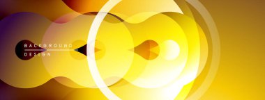 Soyut sarı, turuncu katmanlar dinamik gradyan arkaplan oluşturur. Dairesel şekiller üst üste binerek modern tasarım ögesi oluşturur.