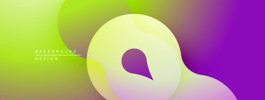 Soyut gradyanlar yeşil, sarı ve moru harmanlarlar. Akışkan şekiller dinamik görsel bileşim oluşturur. Modern tasarım ögesi.