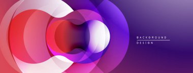 Soyut çemberler çakışıyor, canlı gradyanlar yaratıyor. Kırmızı, mor, beyaz renkler düzgün bir şekilde harmanlanır. Modern tasarım ögesi.
