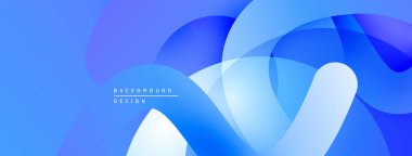 Soyut mavi arkaplan. Üst üste binen katmanlar dinamik, akışkan şekiller yaratır. Gradyan etkisi derinlik katar, modern his katar.