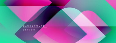 Soyut geometrik şekiller örtüşüyor, canlı renk eğimleri yaratıyor. Turkuaz, pembe, mor renkler tasarımda baskın. Modern, dinamik kompozisyon.