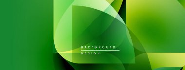 Soyut yeşil arkaplan. Üst üste binen şekiller dinamik görsel efekt yaratır. Sancaklar ve sunumlar için modern tasarım uygun.