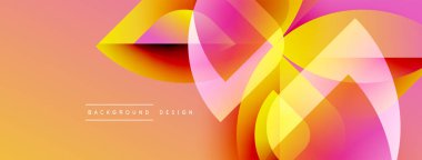 Soyut tasarım özellikleri üst üste binen şeffaf şekiller. Sıcak renkler baskın gelir, dinamik görsel efekt yaratır. Gradyan arkaplan derinlik ekler.