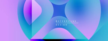 Soyut arkaplan özellikleri üst üste binen şekiller, canlı mor, mavi gradyanlar. Modern tasarım elementleri dinamik görsel efekt yaratır.