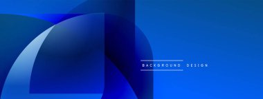 Soyut mavi şekiller üst üste binerek dinamik bileşim oluşturuyor. Modern tasarım gradyan gölgeler, basit metin etiketleri içerir.