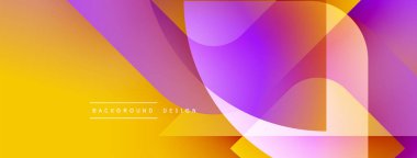 Soyut geometrik şekiller örtüşür, parlak sarı ve mor renkler yaratır. Modern tasarım dinamik enerji ve görsel ilgi öneriyor.