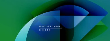 Soyut geometrik şekiller çakışıyor, dinamik gradyanlar yaratıyor. Mavi, yeşil renkler tasarıma hakim. Metin arka plan tasarımı okur. Modern görsel kompozisyon.