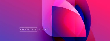 Soyut enerjik tasarım. Üst üste binen şekiller dinamik değişim etkisi yaratır. Mor, pembe, mavi renkler kompozisyona hakim. Modern estetik.