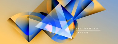 Soyut geometrik şekiller örtüşür, dinamik görsel efekt yaratır. Mavi, altın renkleri kompozisyona hakim. Modern tasarım ögesi.