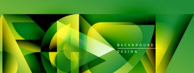 Soyut geometrik şekiller örtüşür, canlı yeşil gradyan arkaplan oluşturur. Modern tasarım elementleri dinamik bileşimi önerir.