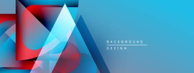 Soyut geometrik şekiller örtüşüyor, canlı mavi ve kırmızı renkler yaratıyor. Arkaplanda metin arkaplan tasarımı var. Modern, dinamik kompozisyon.