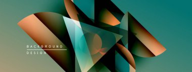 Soyut geometrik şekiller çakışıyor, dinamik gradyanlar yaratıyor. Teal, kahverengi, gri renkler kompozisyona hakim. Modern tasarım ögesi.
