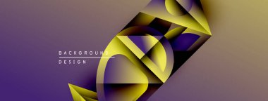 Soyut geometrik şekiller örtüşür, dinamik mor, altın renkleri oluşturur. Arkaplan ve sunumlar için modern tasarım ögesi.