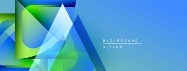 Soyut geometrik şekiller örtüşür, parlak mavi, yeşil eğimler yaratır. Sağ taraf metin arkaplan tasarımını gösterir. Modern, temiz estetik.