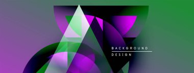 Soyut geometrik şekiller örtüşür, canlı gradyanlar yaratır. Mor, yeşil renkler tasarıma egemen, modern estetik.