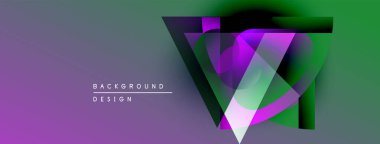 Soyut canlı tasarım katmanlı geometrik şekiller içerir. Mor, yeşil renkler modern görsel etki yaratır. Arkaplan dinamik bileşimi öneriyor.