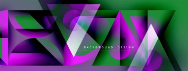 Soyut geometrik tasarım. Canlı mor, yeşil renkler harmanlanmış. Modern biçim, dinamik kompozisyon, uygun arkaplan ögesi.