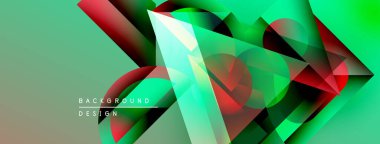 Soyut geometrik şekiller çakışıyor. Yeşil, kırmızı, beyaz renkler dinamik kompozisyon oluşturur. Arka planlar için modern tasarım ögesi.
