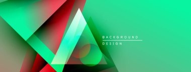 Soyut geometrik şekiller örtüşür, canlı bir değişim etkisi yaratır. Yeşil egemen, kırmızı ve gri tonlarda vurgulanıyor. Modern tasarım ögesi.