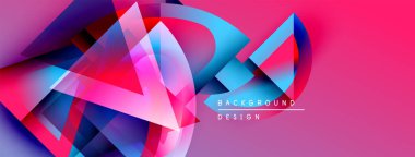 Soyut geometrik şekiller örtüşüyor, canlı pembe ve mavi renkler yaratıyor. Modern tasarım dinamik enerji ve görsel doku öneriyor..